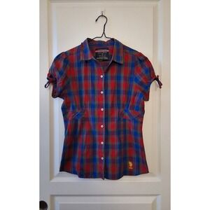 US Polo Assn Shirt Womens Medium Button Front Puff Sleeve Plaid‎ Multicolor Pink